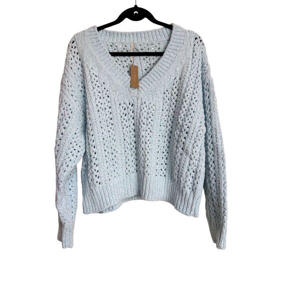 Hello Nite Top Women’s Small Whisper Blue Open Knit V-Neck Sweater NWT - Picture 1 of 9